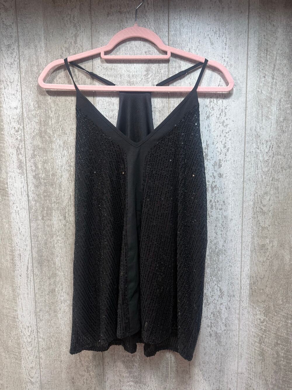 Women’s Black Sequin Tank Top Size Large V Neck Strappy Party Evening Glam